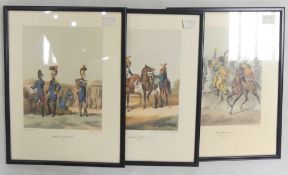 A collection of framed vintage military prints featuring French soldiers and cavalry from Napoleonic