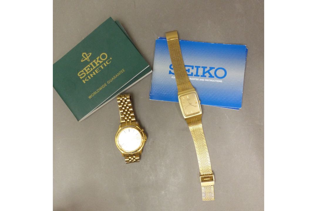 SEIKO: Seiko Kinetic SQ100 gentleman's wrist watch, gold plated, white circular dial with date