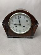 Oak cased late Art Deco period mechanical mantle clock, key and pendulum present, width 26cm.