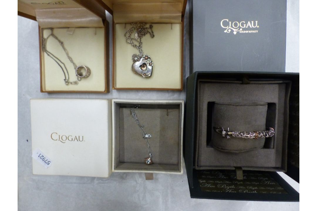 Clogau: four boxed pieces of Clogau jewellery in silver with 9ct rose gold elements, all in original