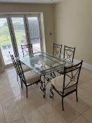 Wrought iron rectangular glass top dining table together with 6 matching chairs 153cm L x 92cm W x