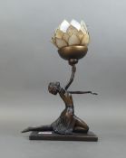Juliana Art Nouveau-style bronze resin dancer table lamp, featuring a female kneeling and holding