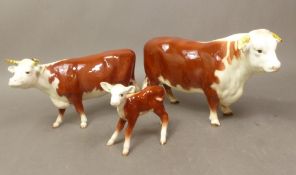 Beswick Hereford cattle family to include Bull, cow & calf in gloss (3)
