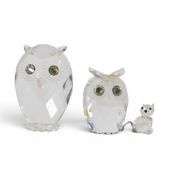 Swarovski Large Owl with faceted clear crystal body with green eyes. Owl frosted face and beak
