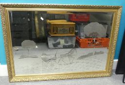 Large wall mirror featuring a bevelled edge and engraved with decorative scenes of a horse and
