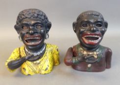 Two Cast Iron Jolly Girl and Jolly Boy Money Box Coin Feeders (2)