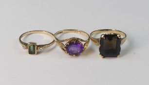Three 9ct gold rings, each set with various gemstones, sizes O- P, 7.2g. (3)