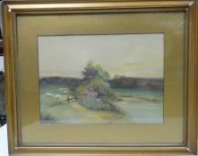 Framed artwork, depicting a British landscape scene with foliage and live stock, signed possibly A