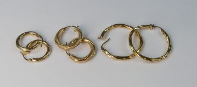 Three pairs of 9ct gold hoop earrings, 5.4g.