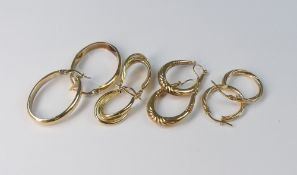 Four pairs of 9ct gold hoop earrings, 5.4g.