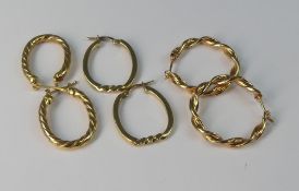 Three pairs of 9ct gold hoop earrings, 6.3g.