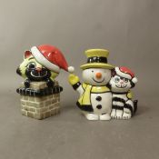 Two Lorna Bailey festive comical cat figures, Christmas Friends and Santa cat on chimney, height
