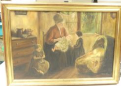 Charles S Pye oil painting on canvas, depicting a mother with her children, signed bottom right