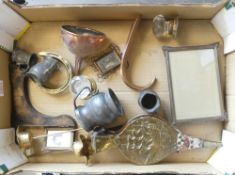 A collection of items to include brass ornamental horseshoe, picture frames of various sizes,