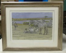 Stephen Gayford, signed print, titled Welcome Storm, depicting Zebras, limited edition no.179 of