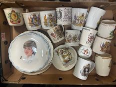 A collection of commemorative ware to include trinket boxes, cups and plates. (1 Tray)