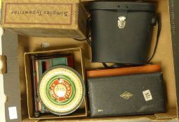 A group of miscellaneous items to include a Simplex Typewriter in original box, brass scales &