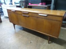 Large low teak sideboard, 3 drawers and 2 doors, plus a fall-front door, some TLC required, 168cm W,