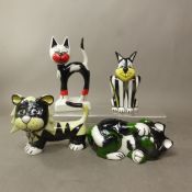 Group of four Lorna Bailey comical animal figures, Humbug the Dog, a lion, and cats Bow and Forty