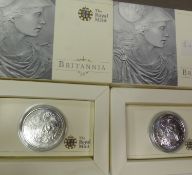 Two Royal Mint 2010 UK Britannia £2 silver bullion coins, struck in .958 silver, combined weight