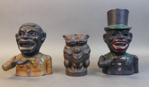 Two Cast Iron Jolly Men Money Box Coin Feeders Together With Three Little Pig Money Box (3)