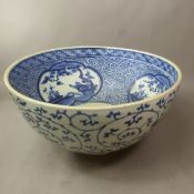 Very large Japanese Arita blue and white footed bowl, diameter 35.5cm.