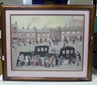 A print of the painting 'Going off to Blackpool' by Helen Bradley, in wooden frame, total