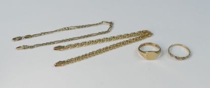 A collection of 9ct gold items including two bracelets and two rings, 6.7g.