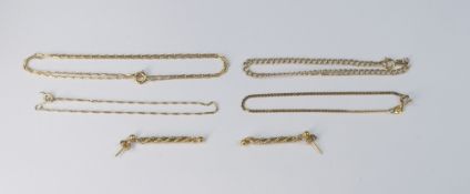 A collection of 9ct gold jewellery including two bracelets, pair earrings and necklace, 7.3g.