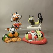 Group of four Lorna Bailey comical cat figures, Valentine Surprise, Stretch, Valentine Dream and