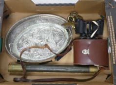 A group of various metal items to include two Silver plate serving trays (1 with glass insert), a