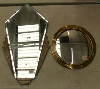 An Art Deco period wall mirror, bevel edged, together with a brass framed convex wall mirror, height