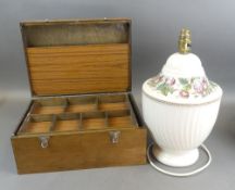 A Maw & Co table lamp with a floral design , together with a wooden hinged box including wooden tray