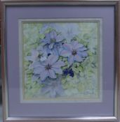 Maureen Radcliffe, framed watercolour painting, featuring pastel blue and pink clematis flowers. (H: