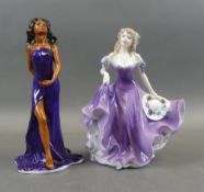 Two Coalport Lady figures , to include a purple dress lady marked 19b together with another purple