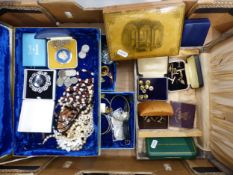 Vintage costume jewellery, cufflinks and coins, together with a Mauchline ware box, etc (1 tray).