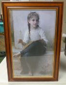 W Bouguereau framed print, titled The Seamstress, depicting a young girl sewing. (H: 61cm x W:
