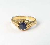 Antique Yellow metal ornate ring set with blue stone, electronically tested to be 22ct gold, size P,