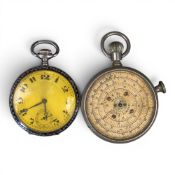 Silver pocket watch, case marked Paris 1889 with yellow metal shield inset to rear of case, .800