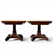 A pair of Regency mahogany fold over games tables on quadripartite bases, both measure H74cm x W91cm
