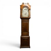 19th century longcase clock, oak cased with painted arch dial with ships by Jn. Bayley Newcastle,