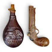 A Lambeth Stephen Green, Imperial Potteries powder flask, together with a Stoneware pistol form