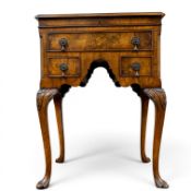 Early 20th century burr walnut workbox on cabriole supports, lift up top with two drawers, w.48 x