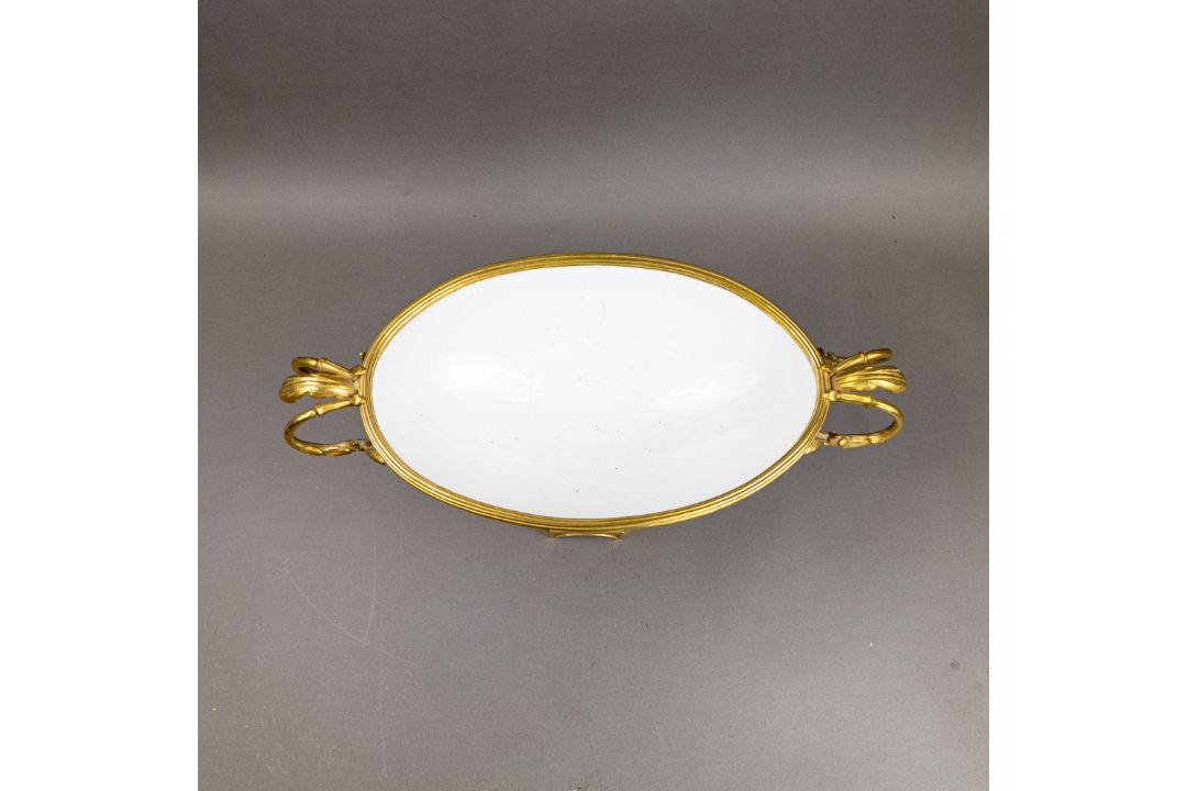 An oval porcelain serving bowl with cobalt exterior, with ornate gilt metal mounts, handle to handle - Image 5 of 8