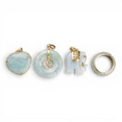 3 x 14ct gold mounted jade (or similar material) pendants & a similar ring.