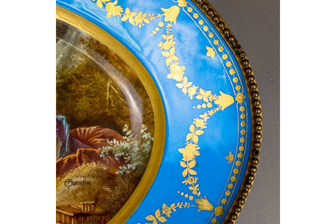 A large oval dish ornately decorated in the manner of Sevres porcelain, featuring a male and three - Image 5 of 9