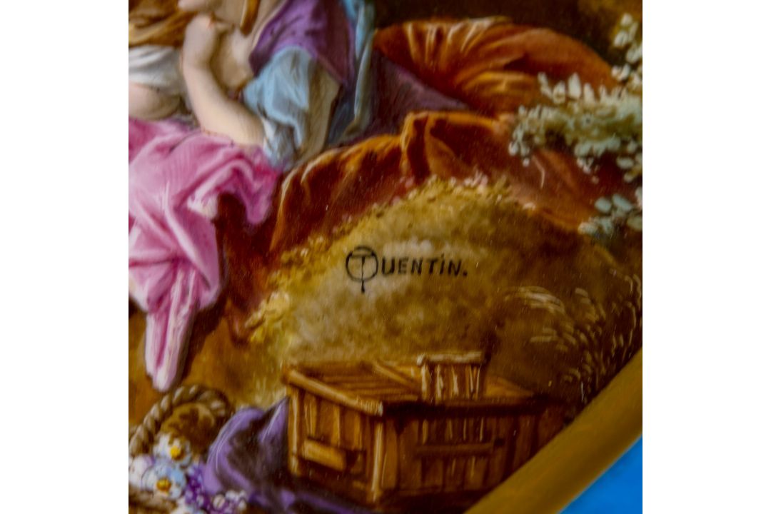A large oval dish ornately decorated in the manner of Sevres porcelain, featuring a male and three - Image 7 of 9