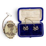 19th century 9ct gold & seed pearl cloak brooch in box, not hallmarked, but electronically tested as