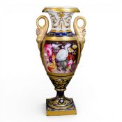 19th century porcelain twin-handled urn-shaped vase, featuring cobalt blue ground, extensive