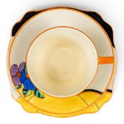 A group of 4 Clarice Cliff Woodland pattern pieces, to include a trio (cup, saucer & tea plate),